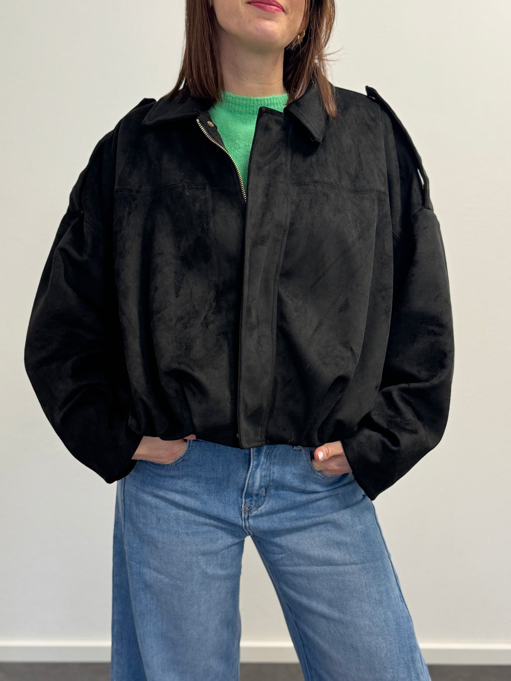 Jacke aus Kunstwildleder Damen Schwarz – Lässige Übergangsjacke in Einheitsgröße