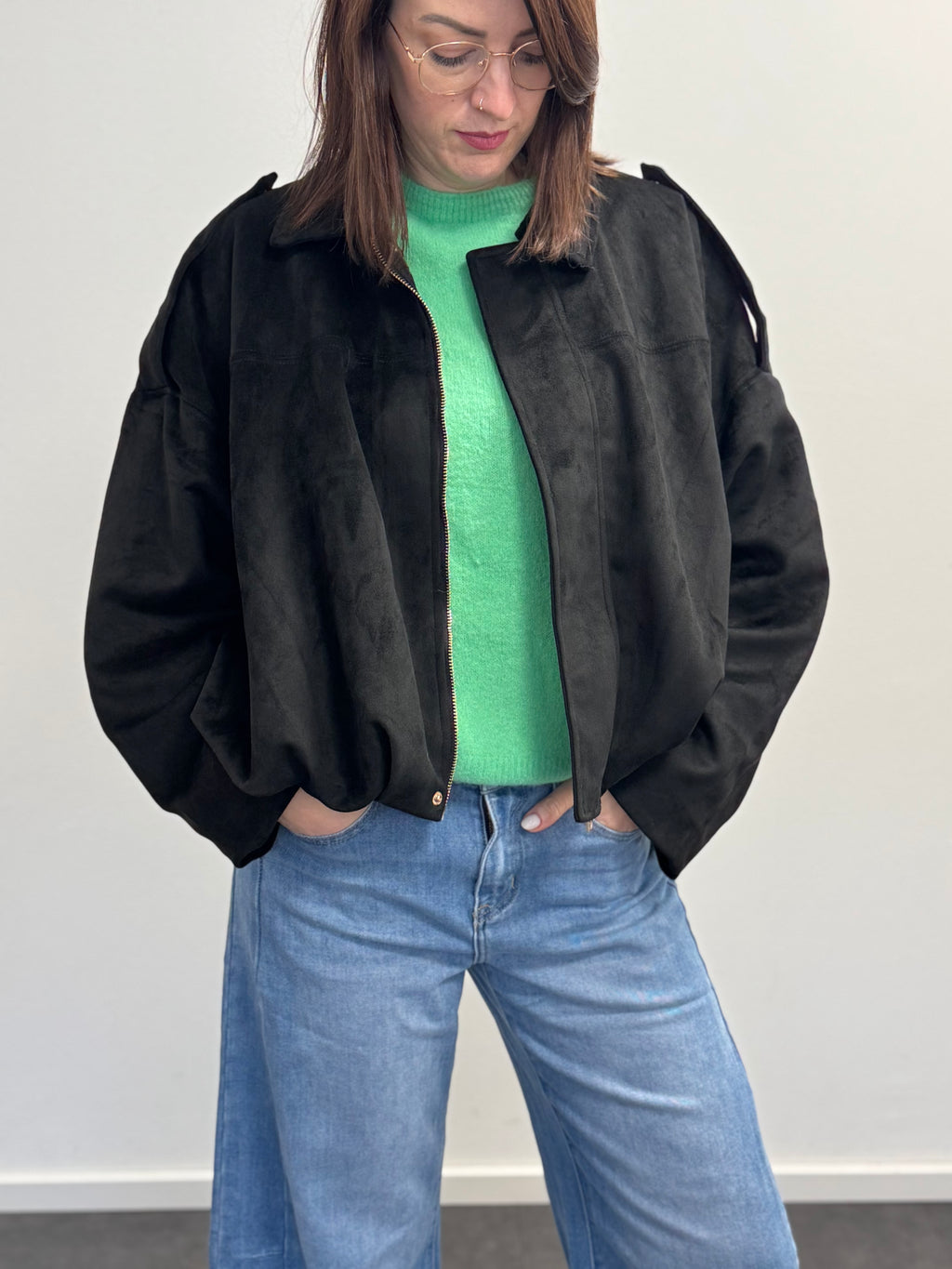 Jacke aus Kunstwildleder Damen Schwarz – Lässige Übergangsjacke in Einheitsgröße